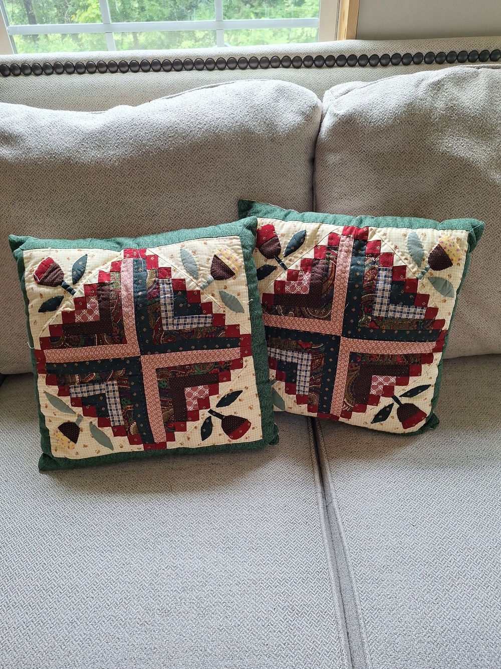 Handmade Patchwork Quilted Decorative Throw Pillow - Green & Multi